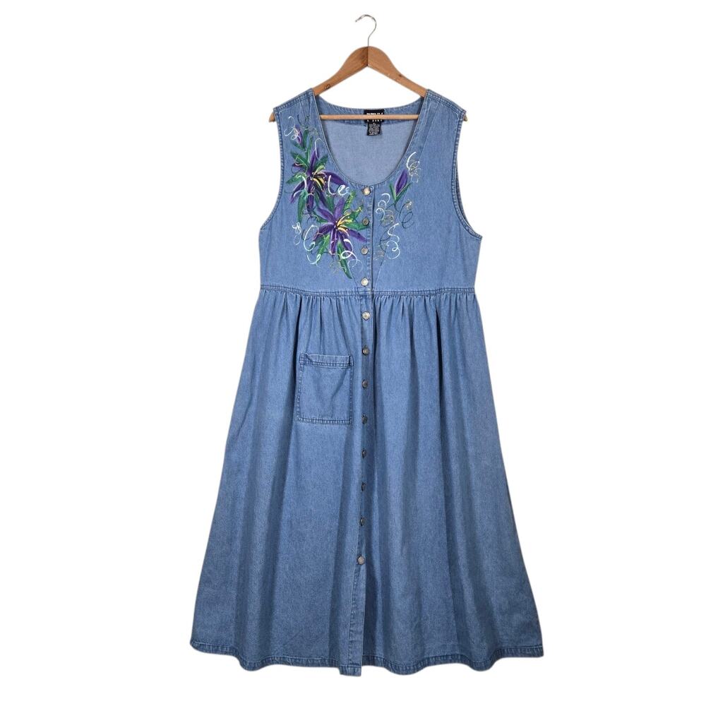 Y2K PTNY Denim Maxi Dress XL Blue Hand Painted Floral Artsy Boho Cottagecore